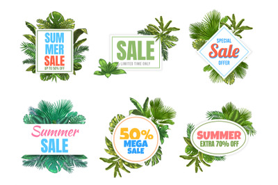 Summer sale badges. Abstract sale poster with tropical leaves&2C; floral