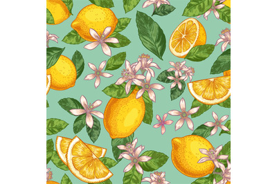 Lemon blossom seamless pattern. Hand drawn yellow lemons with green le