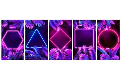 Tropical neon frames. Bright glowing leaves, cyber floral frame and le