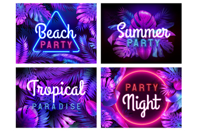 Neon beach party poster. Tropical paradise, summer partying night and