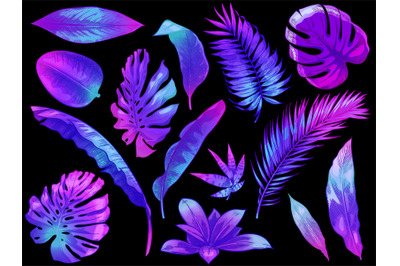 Neon tropical leaves. Color exotic tree and plant leaf, colorful palm