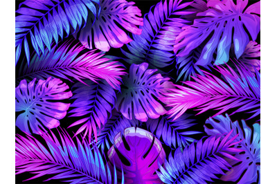 Neon color tropical leaves. Trendy colorful palm tree leaf, jungle bac