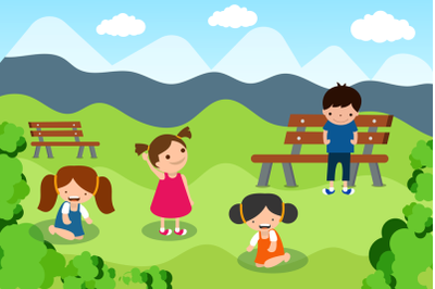 Children Playing In Garden Illustration