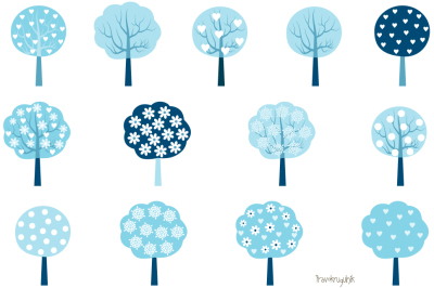 Winter trees clipart, Winter tree clip art set, Blue holiday trees, Christmas clipart