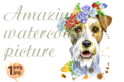 Watercolor portrait of airedale terrier dog with flowers