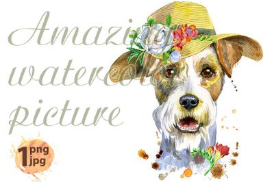 Watercolor portrait of airedale terrier dog with summer hat