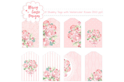 Shabby Chic Tags with Roses set of 8