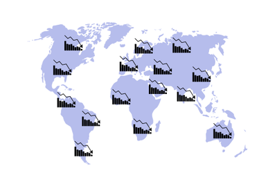 World crisis, charts global recession on map