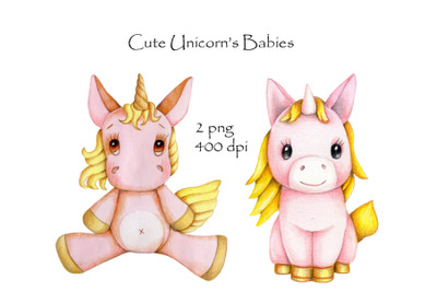 Cute Unicorn&#039;s Babies. Watercolor illustrations.