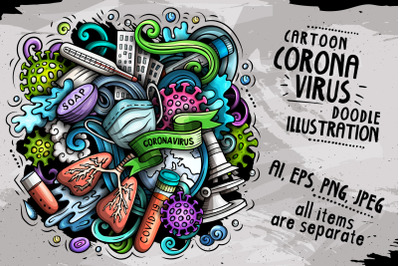 Cartoon vector doodles Coronavirus illustration