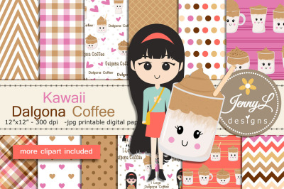 Kawaii Dalgona Coffee Digital Papers and Clipart