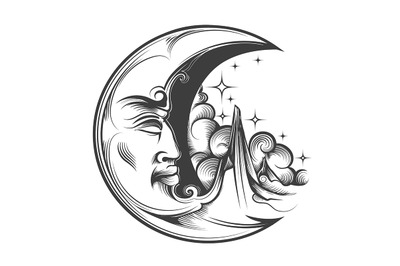 Hand Drawn Crescent Moon Esoteric Symbol Engraving Illustration