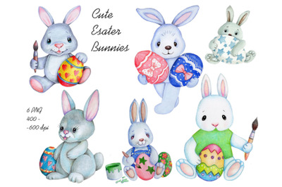Set of Easter Rabbits. Watercolor illustrations.