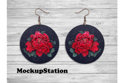 Rose Leather Look Round Earring Sublimation Design PNG