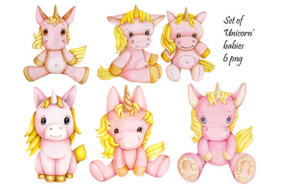 Set of six cute cartoon pink Unicorn&#039; babies.
