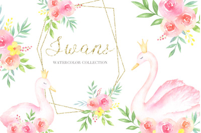 Swans Watercolor Collection of cliparts, frames and patterns