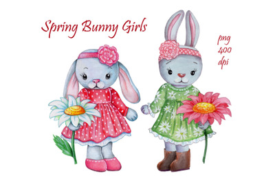 Cute spring Bunny girls. Watercolor.