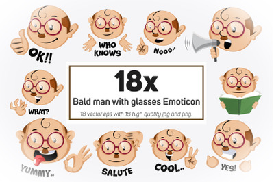 18x Bald man with glasses Emoticon or Sticker collection illustration.
