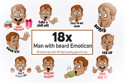 18x Man with beard Emoticon or sticker collection illustration.