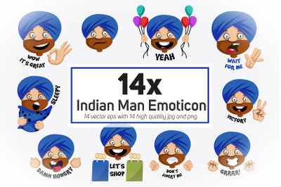 14x Indian Man Emoticon or sticker collection illustration.