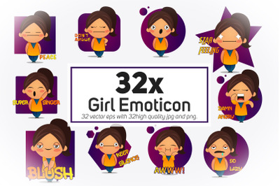 32x Girl Emoticon or sticker collection illustration.
