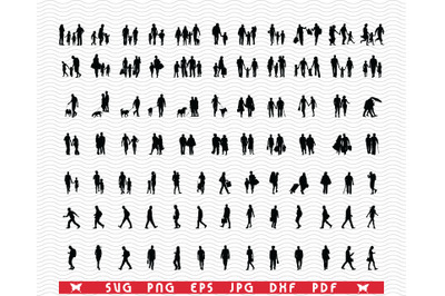 SVG People Walking, Black silhouette digital clipart