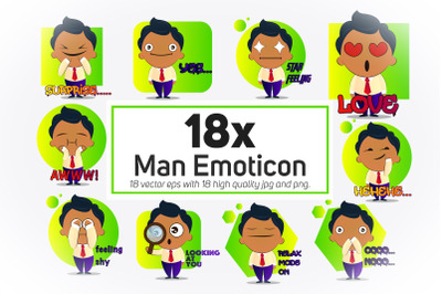 18x Man emoticon or sticker collection with green background illustrat