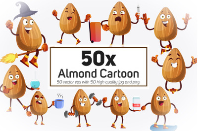 50x Almond in different situation cartoon collection illustration.