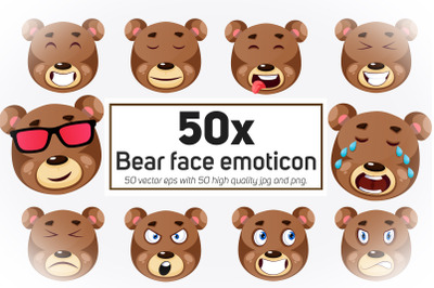 50x Bear face emoticon or sticker collection illustration.