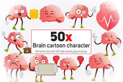 50x Brain cartoon character collection illustration.