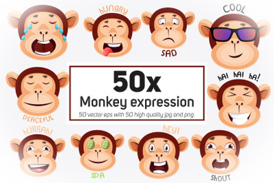 50x Monkey expression emoticon collection illustration.