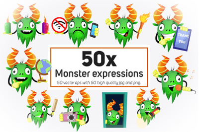 50x Monster expressions or emoticon collection illustration.