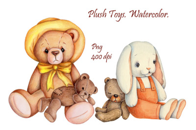 Plush toys&3A; teddy bears and bunny. Watercolor.