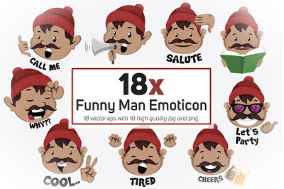 18x Funny Man Emoticon or stickers character collection illustration.
