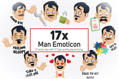 17x Man Emoticon or stickers character collection illustration.