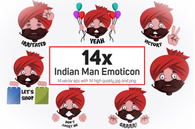 14x Indian Man Emoticon or stickers character collection illustration.
