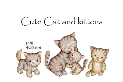 Cute Cat and Kittens. Watercolor.