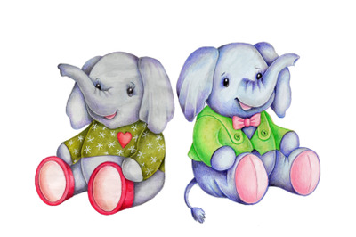 Cute cartoon toy elephants. Watercolor.