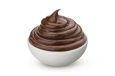 Bowl of chocolate cream isolated on white background