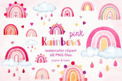 Watercolor Pink Boho Rainbows Clipart, Valentines Rainbow PNG