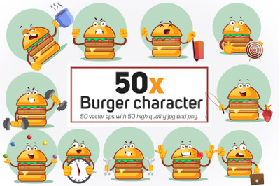 50x Burger Character in different situation collection illustration.