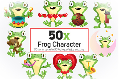 50x Frog Character in different situation collection illustration.