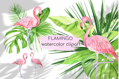 Watercolor Flamingo Clipart. Tropical pink famingo, summer clip art