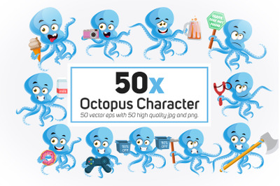 50x Octopus Character and mascot collection illustration.