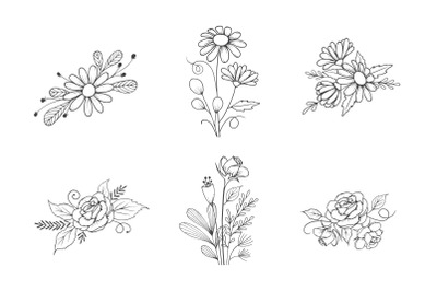 Hand Drawn Flower Bouquet Collection in Outline Style