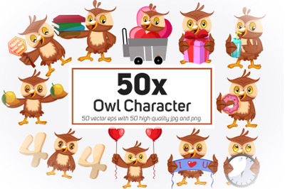 50x Owl Character and Mascot collection illustration.