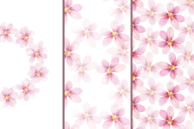 Delicate floral set. Watercolor pink wreath and patterns
