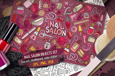 Nail Salon Cartoon Doodle Objects Set
