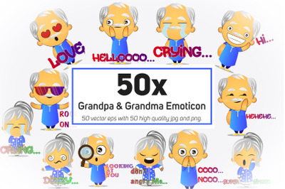 50x Grandpa and Grandma Emoticon and Sticker collection illustration.