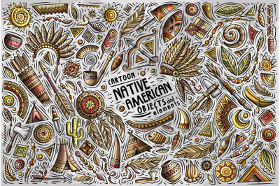 Native American Cartoon Vector Objects Set